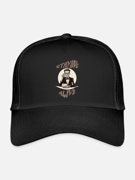 Staying alive skeleton drinks coffee fun caffeine - Trucker Cap - black/black - Front