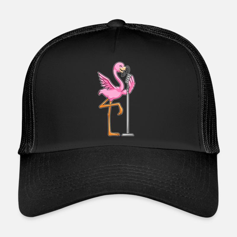 Flamingo beim Singen mit Mikrofon - Trucker Cap - Schwarz/Schwarz