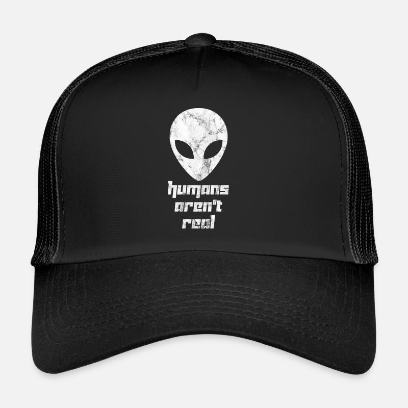 Alien, Kopf, Humans Aren't Real, lustige Sprüche - Trucker Cap - Schwarz/Schwarz