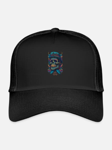 Squelette Crâne avec chapeau et fleurs Bande dessinée cool - Casquette trucker  - noir/noir - Devant