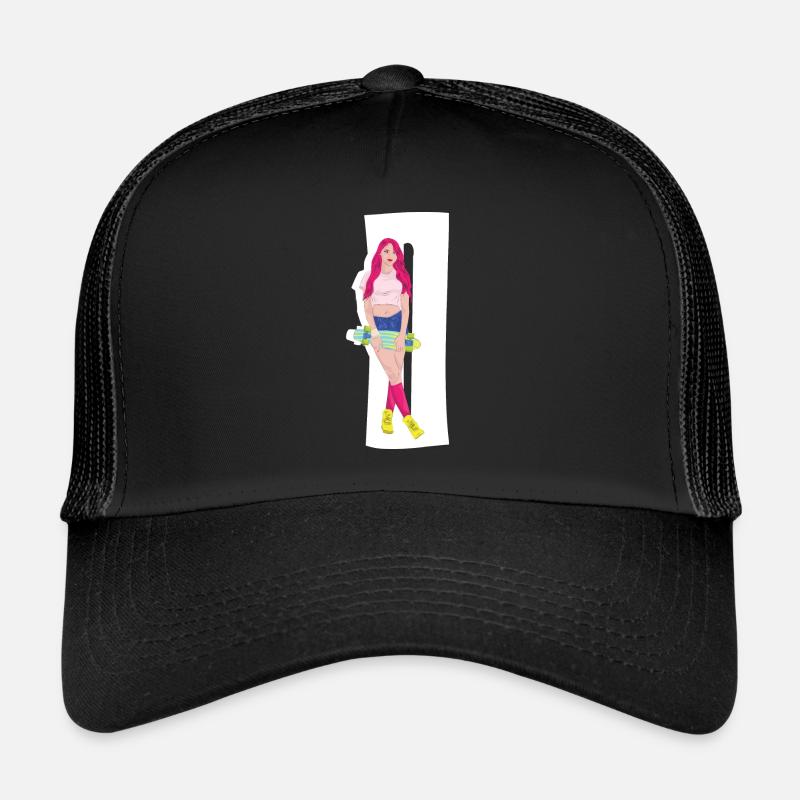 Red-haired skater with skateboard - Trucker Cap - black/black