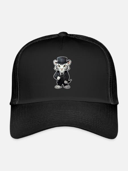 cute white tiger wearing a black suit and hat - Trucker Cap - black/black - Front