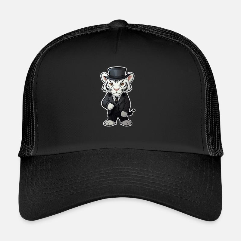 cute white tiger wearing a black suit and hat - Trucker Cap - black/black