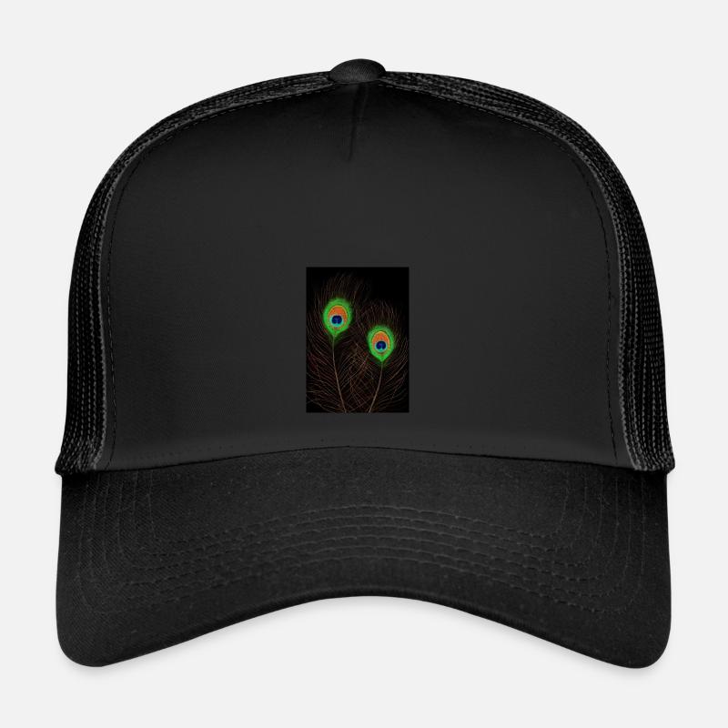 Peacock Feathers on Black Trucker Cap