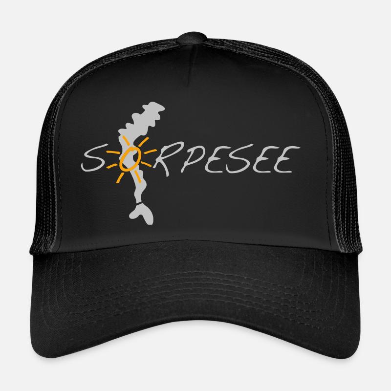 Sorpesee silber, mit Silhouette und Sonne - Trucker Cap - Schwarz/Schwarz