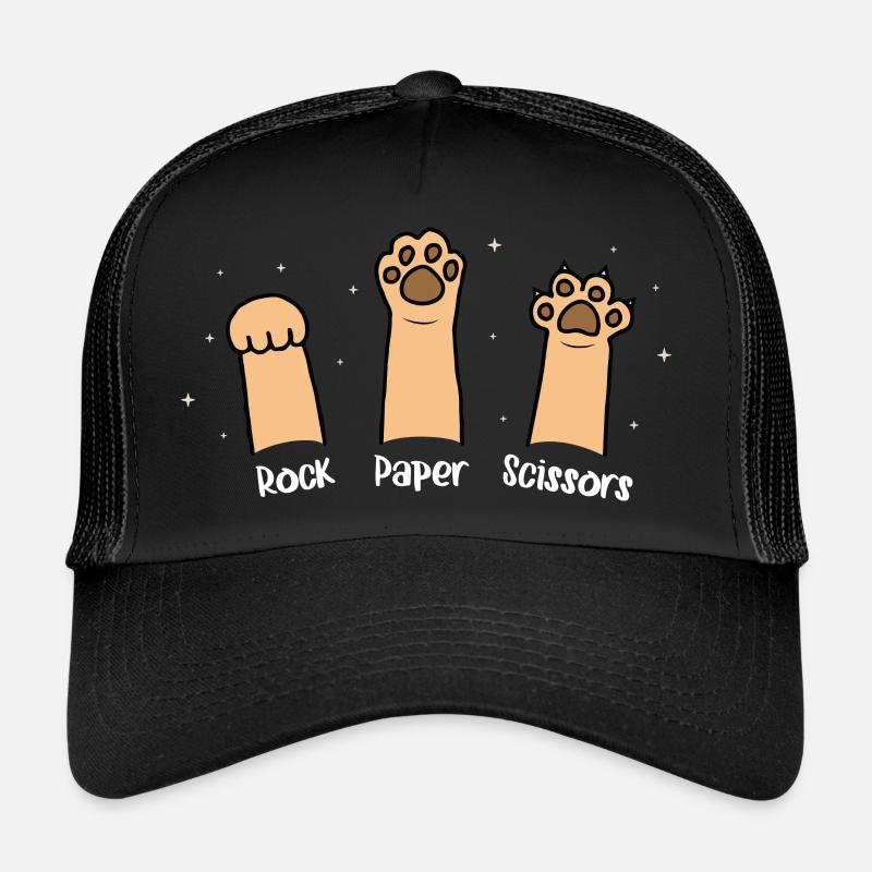 Schere-Stein-Papier-Handspiel Niedliche Katze mit Lustigem Trucker Cap