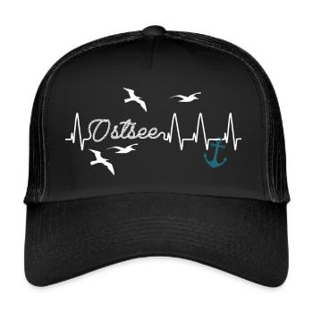 Ostseeliebe Heartbeat Anker + Möven - Trucker Cap - Schwarz/Schwarz - Vorne