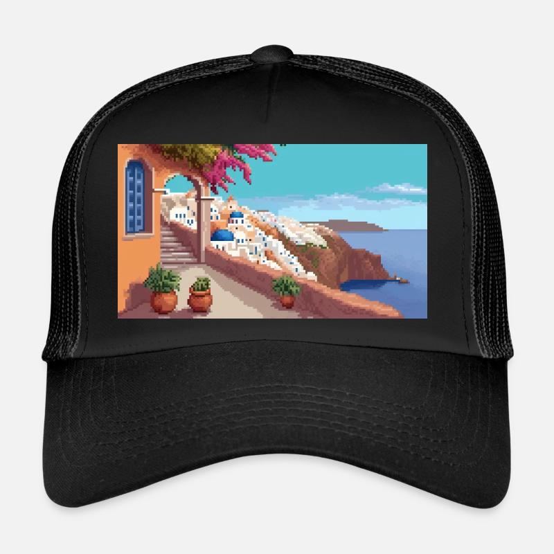 Oia, Santorini, Griechenland - Pixel Art - Trucker Cap - Schwarz/Schwarz
