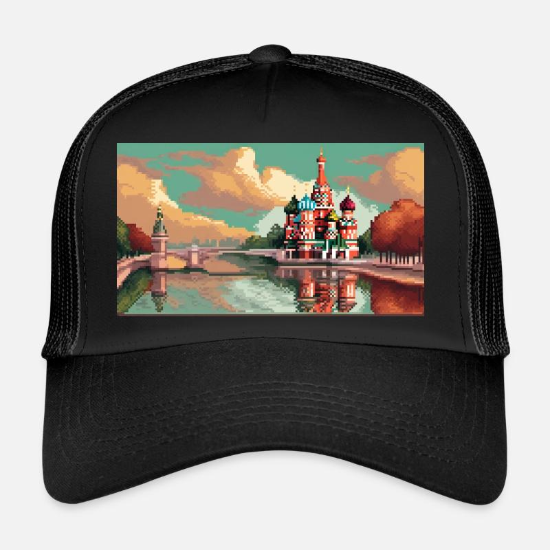 Cathédrale Saint-Basile, Moscou, Russie - Pixel Art - Casquette trucker  - noir/noir
