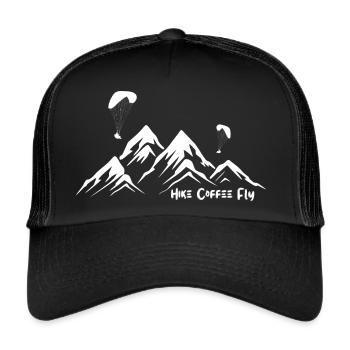 Hike Coffee Fly - White Print - Trucker Cap - Schwarz/Schwarz - Vorne