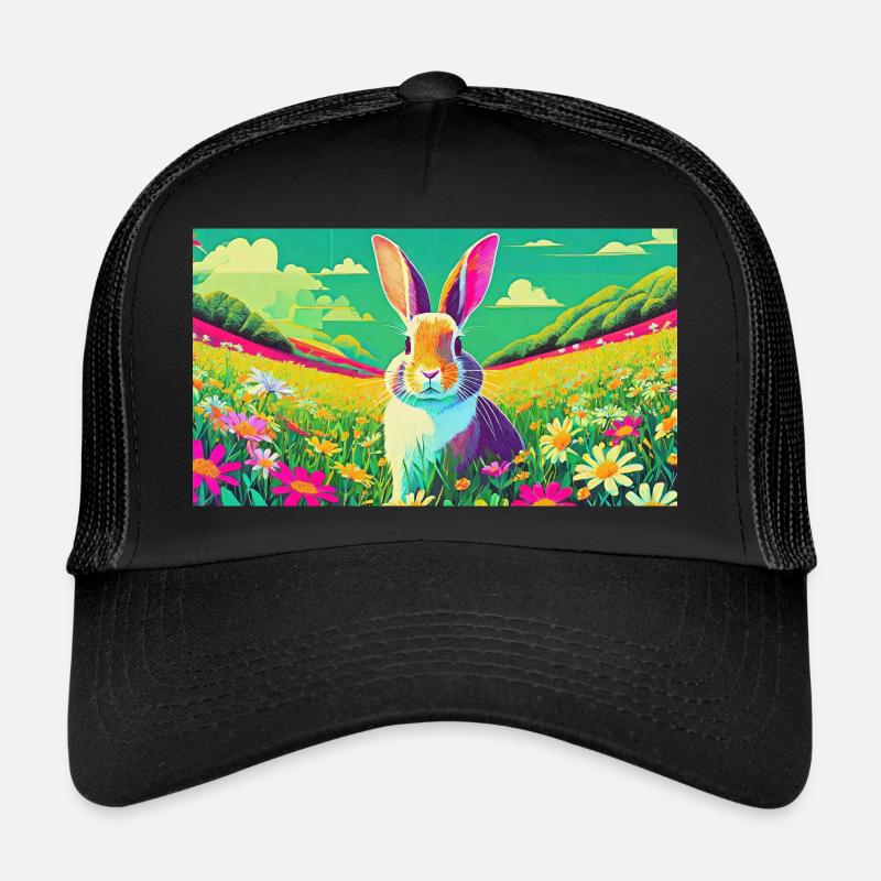 Süßes Häschen auf bunter Blumenwiese - Trucker Cap - Schwarz/Schwarz