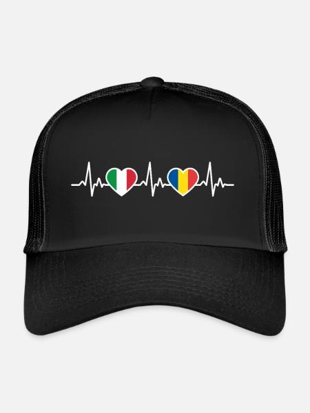Romania Italy Heartbeat Romanian Flag - Trucker Cap - black/black - Front