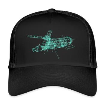 Retro Old School Weltraum Module Illustration - Trucker Cap - Schwarz/Schwarz - Vorne