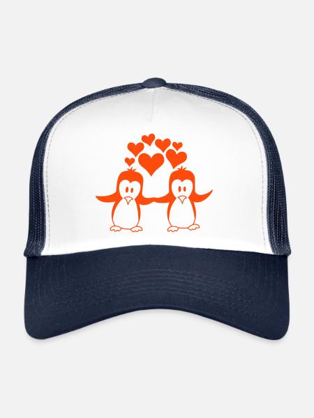 Deux Pingouins Couple Couple Amour 2 En Amour Coeurs - Casquette trucker  - blanc/marine - Devant