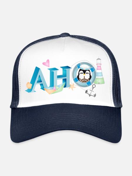 Salutation de marin avec lettrage Ahoi avec un marin pingouin - Casquette trucker  - blanc/marine - Devant
