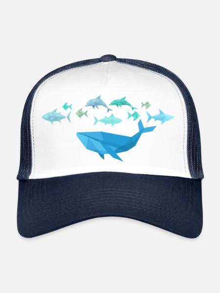 Poisson avec baleine en style origami - Casquette trucker  - blanc/marine - Devant