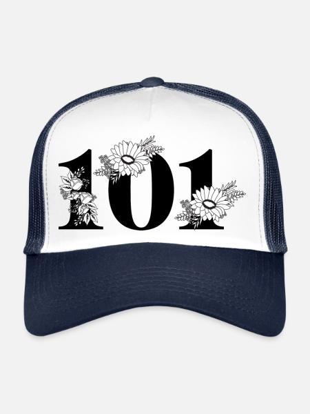 Numéro 101 floral noir - 101e anniversaire floral - Casquette trucker  - blanc/marine - Devant