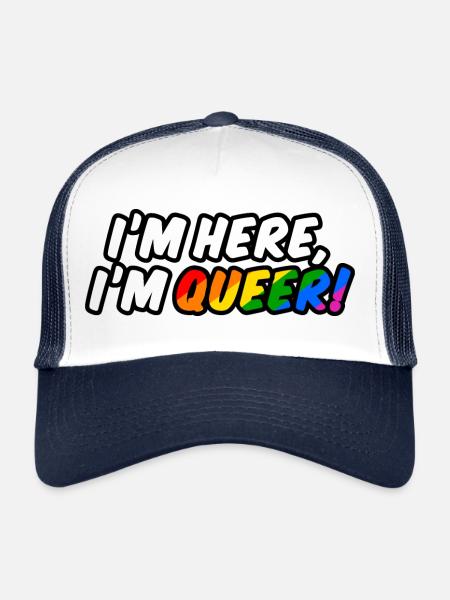 Je suis là, je suis queer ! - Casquette trucker  - blanc/marine - Devant