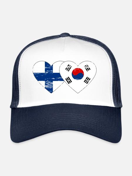 Finlande Corée du Sud drapeau coeur utilisé - Casquette trucker  - blanc/marine - Devant