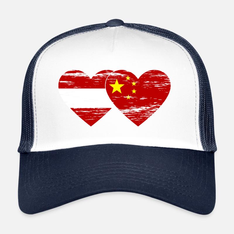 Austria China Flag Heart Used Trucker Cap