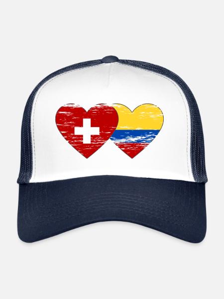 Coeur de drapeau de la Suisse et de la Colombie utilisé - Casquette trucker  - blanc/marine - Devant