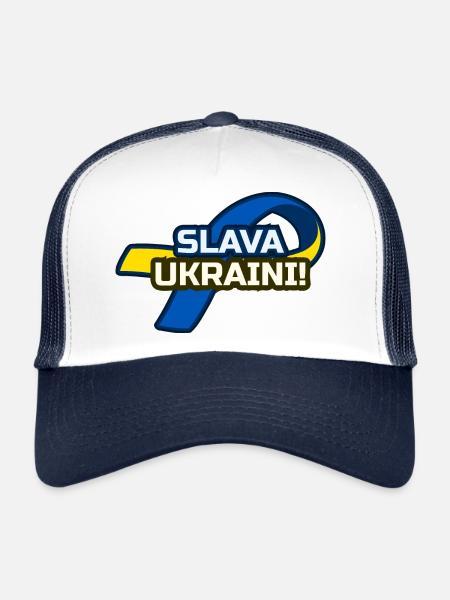 Soutien à l’Ukraine : Ruban Slava Ukraini - Casquette trucker  - blanc/marine - Devant