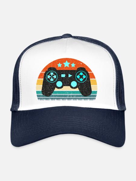 Manette de gaming gaming rétro vintage - Casquette trucker  - blanc/marine - Devant