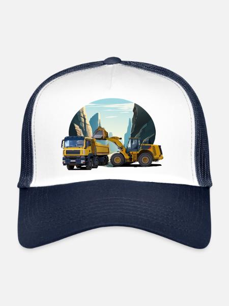 Bagger mit LKW im Steinbruch - Trucker Cap - Weiß/Navy - Vorne