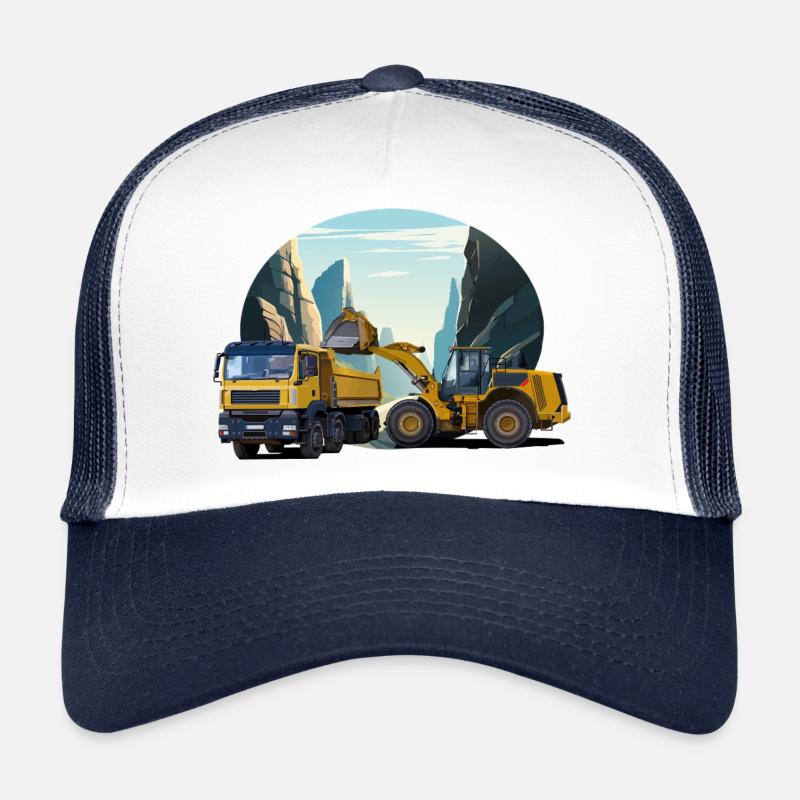 Bagger mit LKW im Steinbruch - Trucker Cap - Weiß/Navy
