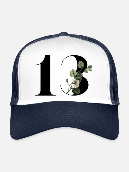 Numéro 13 floral vert -13e anniversaire floral - Casquette trucker  - blanc/marine - Devant