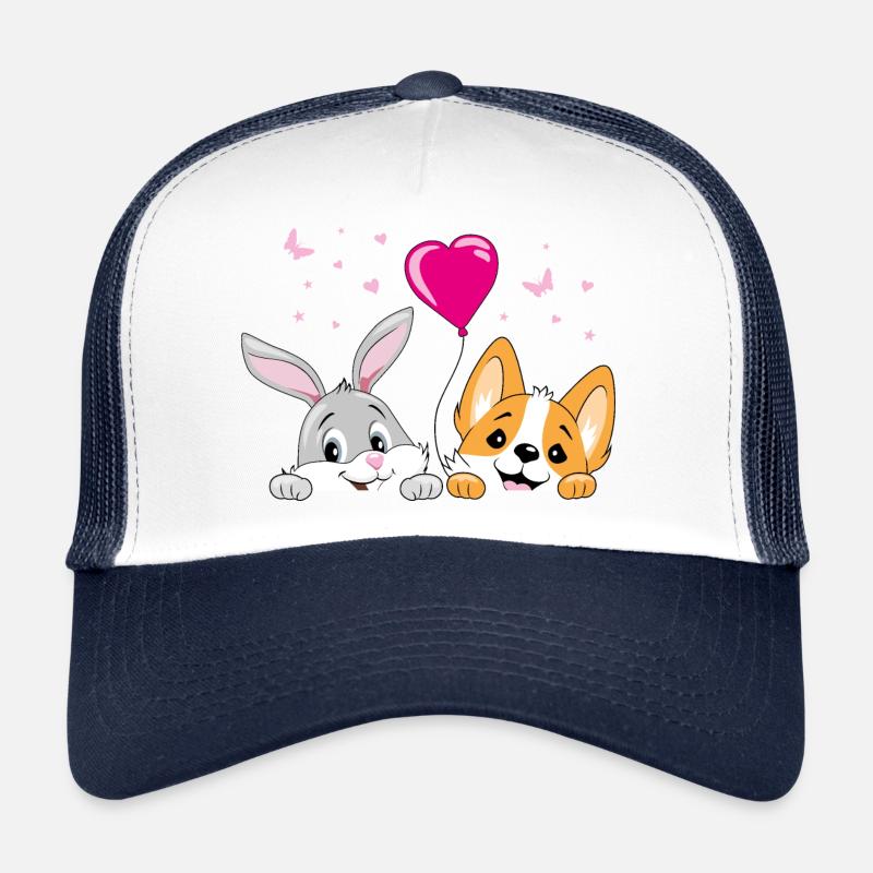 Peeking smiling rabbit and corgi dog with balloon Trucker Cap