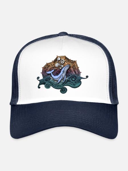 Whale Doodle Design - motif marin dessiné à la main - Casquette trucker  - blanc/marine - Devant