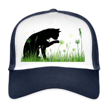 Design printanier - chat dans un pré fleuri - Casquette trucker  - blanc/marine - Devant