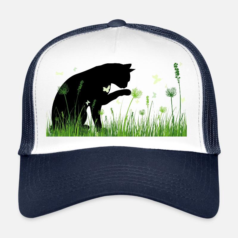 Design printanier - chat dans un pré fleuri - Casquette trucker  - blanc/marine