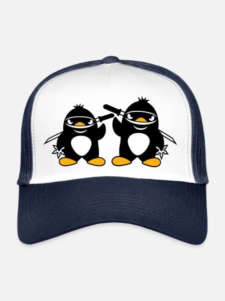 2 pingouins ninja samouraï japonais katana duo - Casquette trucker  - blanc/marine - Devant