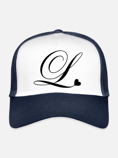 Lettre l calligraphie cœur - Casquette trucker  - blanc/marine - Devant