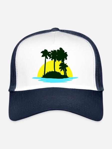 Palmiers île plage vacances soleil mer belle soirée - Casquette trucker  - blanc/marine - Devant