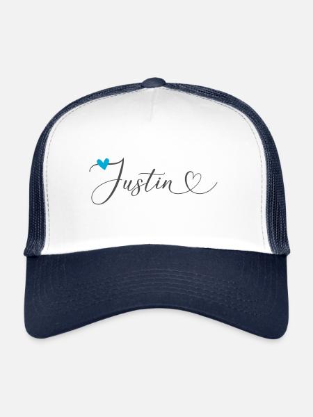 Justin Last Name First Name Calligraphy Heart - Trucker Cap - white/navy - Front