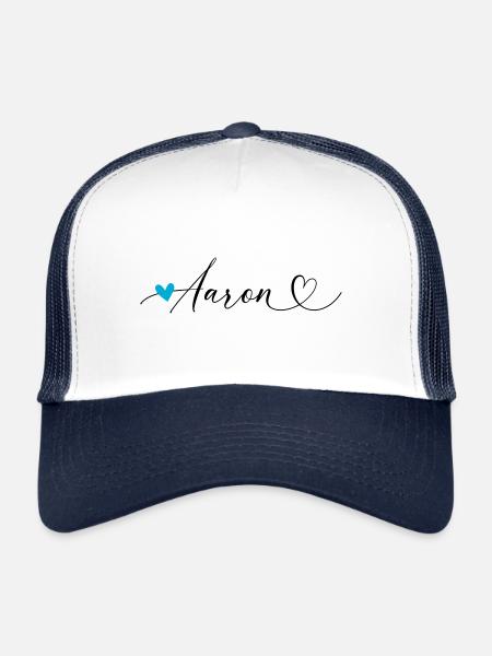 Aaron Last name First name Calligraphy heart - Trucker Cap - white/navy - Front
