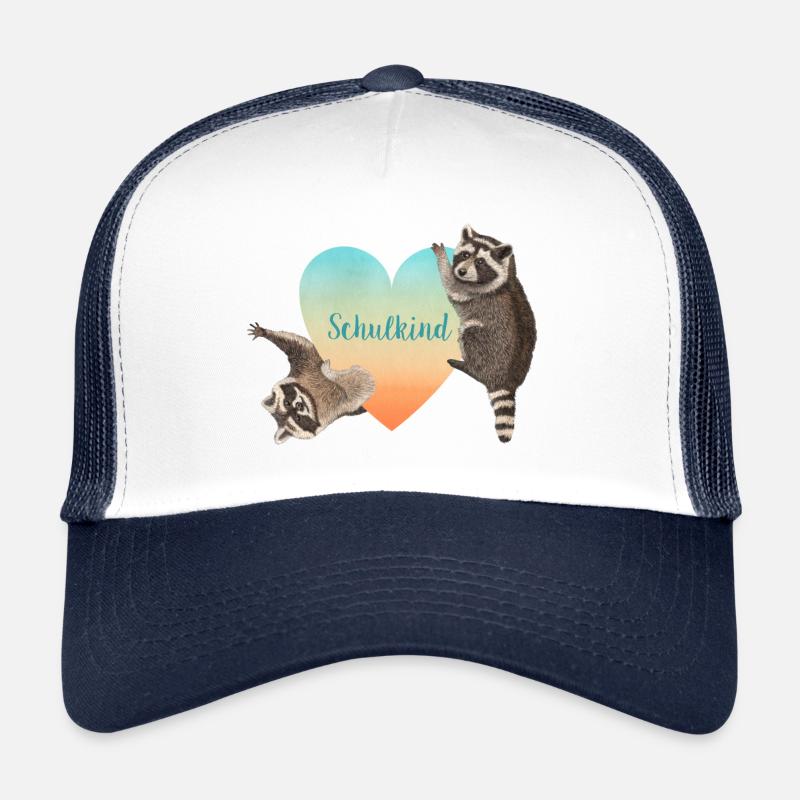 Schulkind - Waschbären Aquarell Herz Regenbogen - Trucker Cap - Weiß/Navy