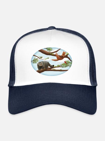 Manul and domestic cat on the tree - Trucker Cap - white/navy - Front