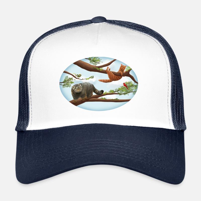 Manul und Hauskatze auf dem Baum - Trucker Cap - Weiß/Navy