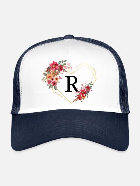 Lettre r cœur doré floral - Casquette trucker  - blanc/marine - Devant