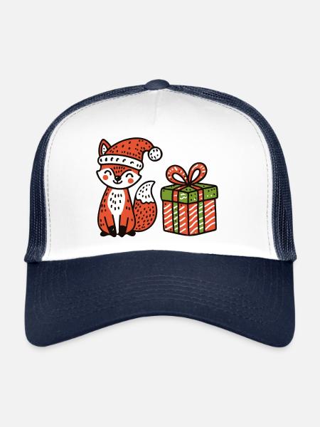 Christmas fox with hat and gift - Trucker Cap - white/navy - Front