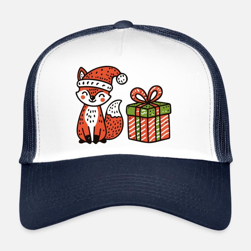 Christmas fox with hat and gift - Trucker Cap - white/navy