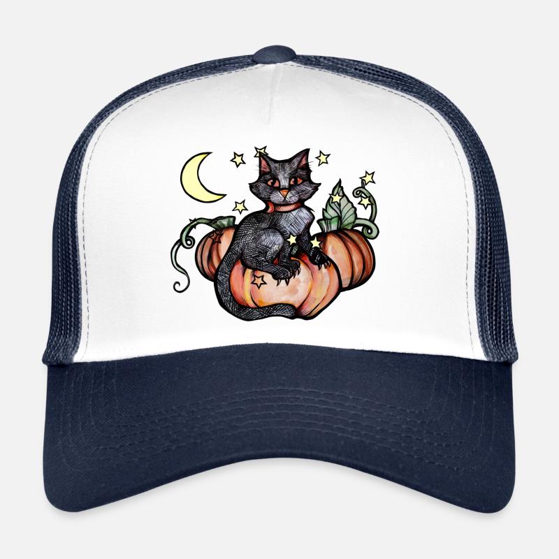 Herbstliche Schwarze Katze - Trucker Cap - Weiß/Navy