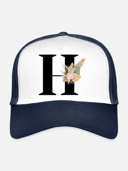 lettre H fleuris - Casquette trucker  - blanc/marine - Devant