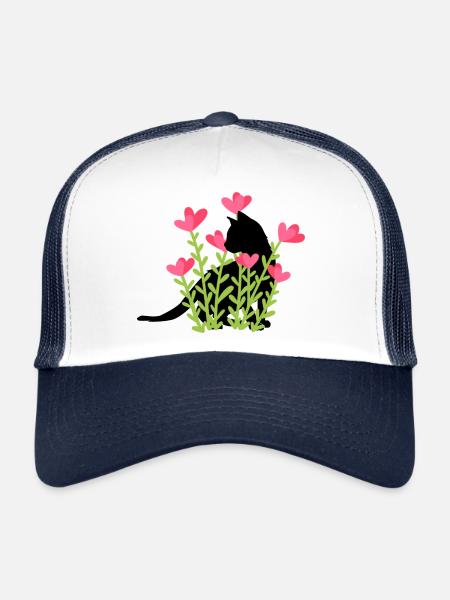 Frühlingsdesign - schwarze Katze im Blumenbeet - Trucker Cap - Weiß/Navy - Vorne