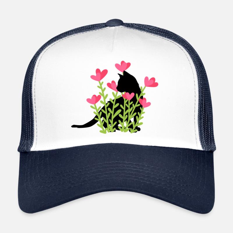 Design de printemps - chat noir dans le parterre de fleurs - Casquette trucker  - blanc/marine