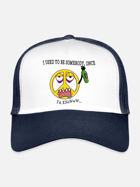 Drunk Peace Symbol Sarcastic Dark Humor Cartoon - Trucker Cap - white/navy - Front